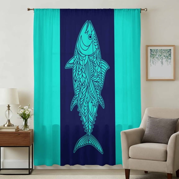 Tropical Fish Sheer Curtains 45 Inches Long, Mandalas Boho Modern Green Abstract Stripe Light Filering Curtains, Breathable Simi Curtain Privacy Drapes for Kitchen Bathroom Small Window Treatment