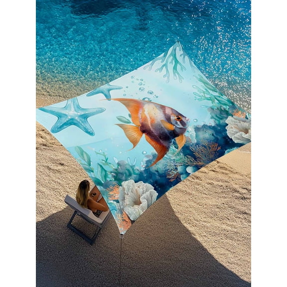 Tropical Fish Sun Shade Sail 12' x 16', Teal Watercolor Starfish Coral Coastal Ocean Rectangle Outdoor Sunshade Canopy, Waterproof UV Block Patio Covers for Garden Yard Beach