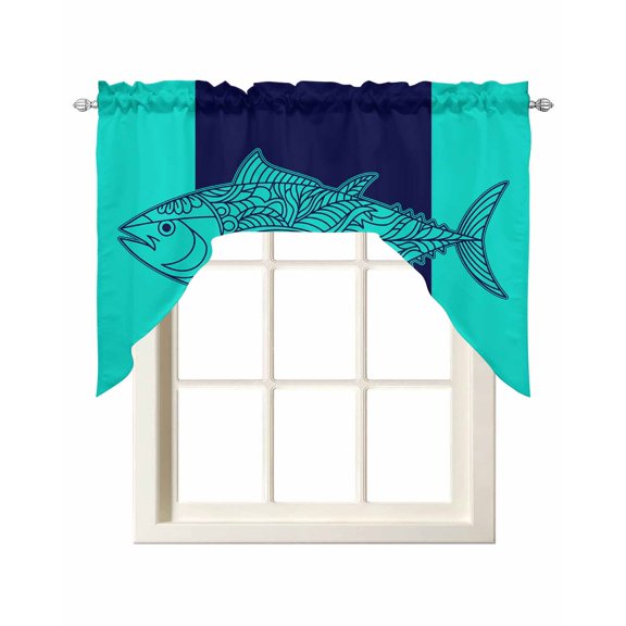 Tropical Fish Swag Valances for Windows, Small Curtains Drapes, Mandalas Boho Modern Green Abstract Stripe Kitchen Window Curtains Over Sink Window Treatment Valance for Bedroom/Bathroom 56"x36"