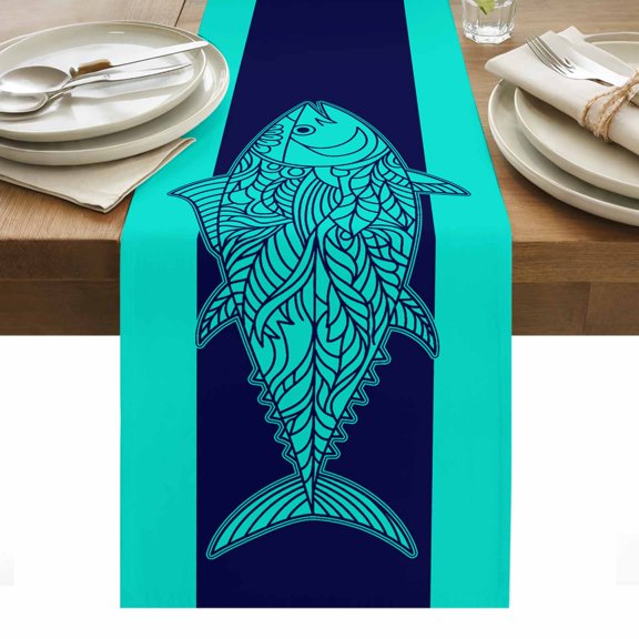 Tropical Fish Table Runner - 120 Inch Long, Kitchen Dining Table Runner Dresser Scarves, Mandalas Boho Modern Green Abstract Stripe Farmhouse Decor for Coffee Tables Wedding Party Banquet
