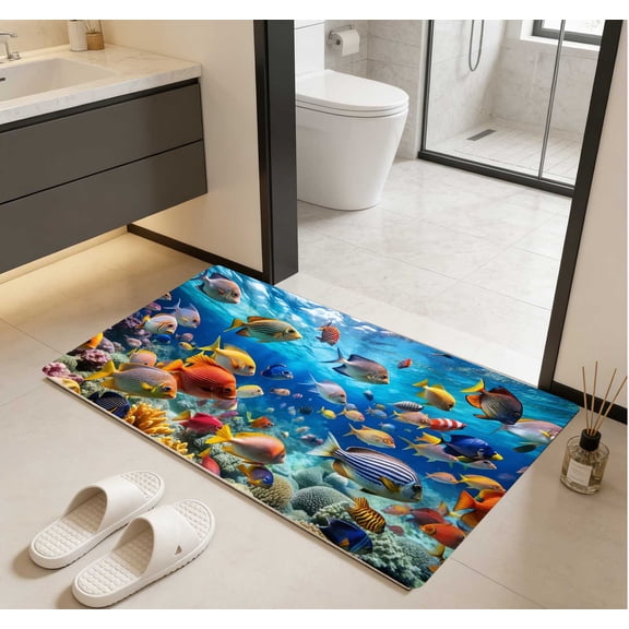 Tropical Fish Underwater Area Rug, Ocean Playful Style Non-Slip Wear-Resistant Floor Mat for Living Room Bedroom Entryway, 1 Piece 40x60cm