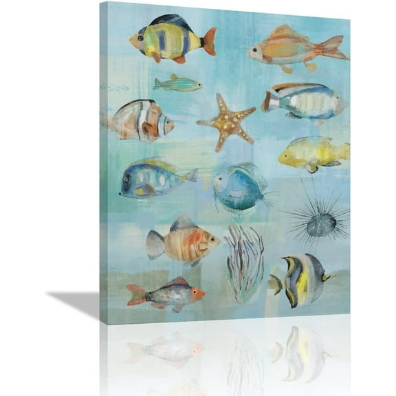 Tropical Fish Wall Art Beach Coastal Fishing Wall Decor Ocean Theme Print Painting Pictures Modern Home Artwork Decor for Bathroom Living Room Framed Ready to Hang 12"x16"