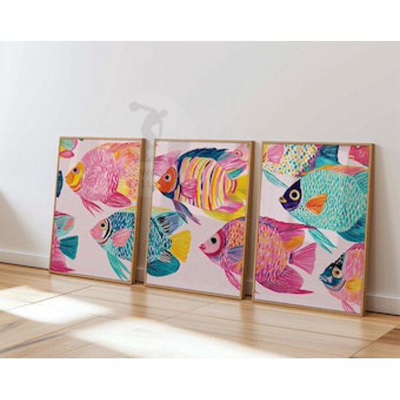 Tropical Fish Wall Art Prints, Pink & Teal Angelfish, Poster Only