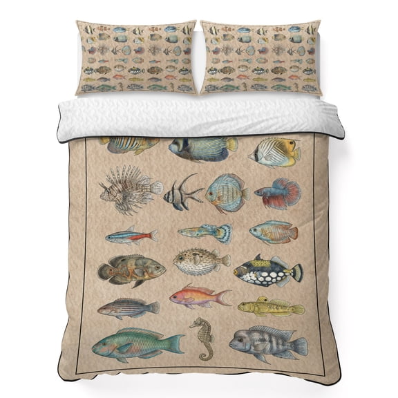 Tropical Fishes California King Quilt Bedding Set, Retro Colorful Ocean Tropical Fish Linen Texture Lightweight Comforter with 2 Pillow Shams Bedroom Bedspread Set Home Decor for All Seasons