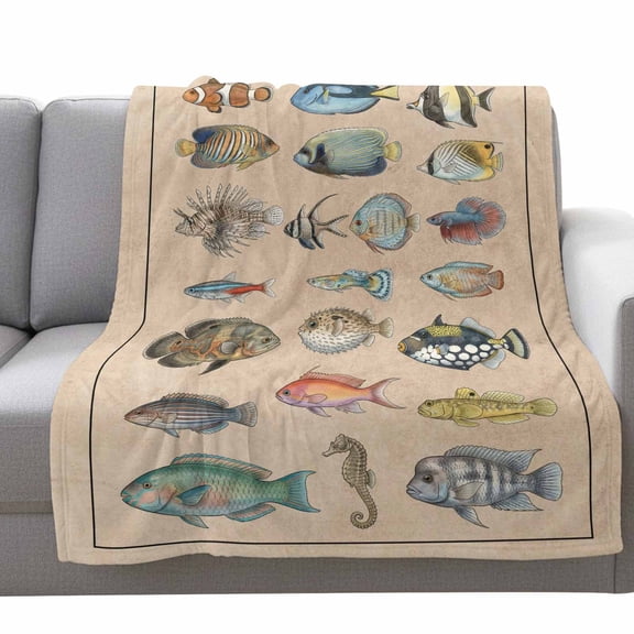 Tropical Fishes Fleece Throw Blanket Lightweight Retro Colorful Ocean Tropical Fish Linen Texture Fuzzy Flannel Throws Super Soft Cozy Flannel Blanket for Couch, Sofa, Bed, Travel 40"x50"