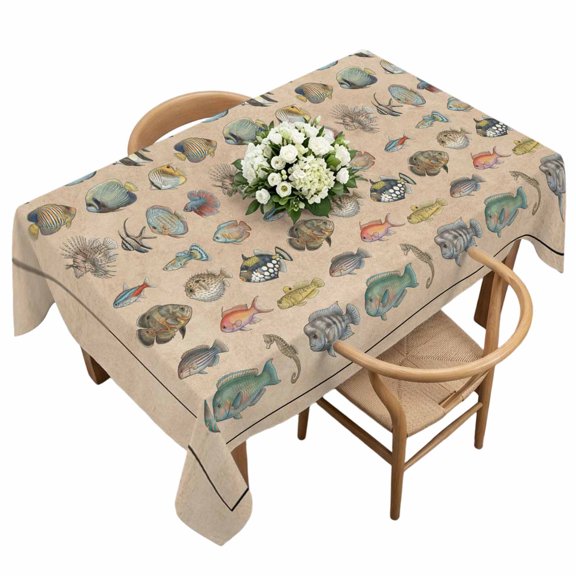 Tropical Fishes Rectangle Tablecloth Retro Colorful Ocean Tropical Fish Linen Texture Waterproof Wrinkle Free Soft Table Cloth Spill-Proof Washable Table Cover for Dining Party Picnic 60 x 120 Inch