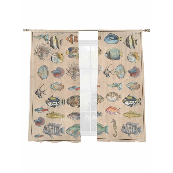 Tropical Fishes Sheer Curtains 2 Panels Set Retro Colorful Ocean Tropical Fish Linen Texture Sheer Window Curtains Light Filtering Rod Pocket Voile Drapes for Bedroom Living Room 52"x63"