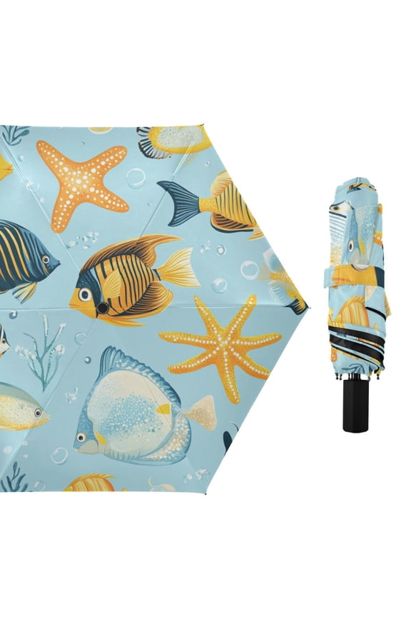 Tropical Fishes Water Plant Starfishes Cartoon All Weather Umbrella Triple Folding Parasol 6 Ribs UV Protection Portable
