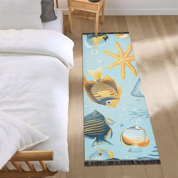 Tropical Fishes Water Plant Starfishes Cartoon Bedside Runner Rug 2'x 6' Non Slip Carpet Floor Mat Area Rug