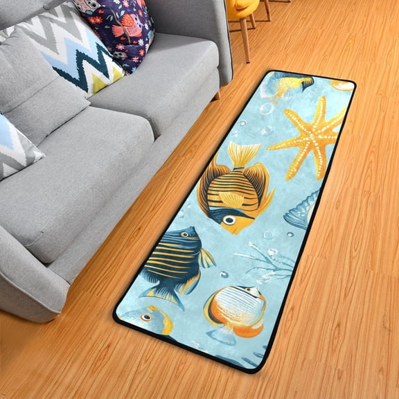 Tropical Fishes Water Plant Starfishes Cartoon Long Floor Mat Runner Rug Area Mat Noise Reduction Water Absorbent Non-Slip 72" x 24"