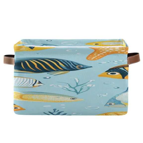 Tropical Fishes Water Plant Starfishes Cartoon Square Storage Bins with Handles Collapsible Containing Box 1 Pack