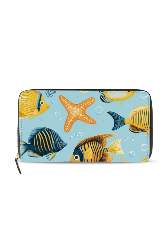 Tropical Fishes Water Plant Starfishes Cartoon Women's Long Zipper Wallet Bifold Clutch Purse PU Leather Card Cases