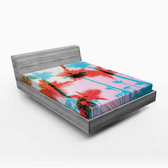 Ambesonne Tropical Fitted Sheet, Palm Tree Silhouettes, Queen Size, Dark Coral Turquoise