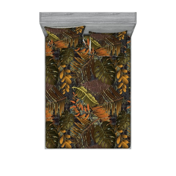 Tropical Fitted Sheet & Pillow Sham Set, Aloha Hawaii Nights Themed Monstera Leaves on Grunge Backdrop Print, Decorative Printed 3 Piece Bedding Decor, King, Forest Green Burnt Sienna, by Ambesonne