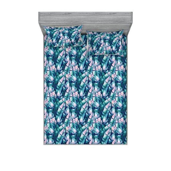 Tropical Fitted Sheet & Pillow Sham Set, Colorful Banana Leaves Exotic Jungle Modern Watercolor Design, Decorative Printed 3 Piece Bedding Decor, Full, Teal Pale Pink and Navy Blue, by Ambesonne