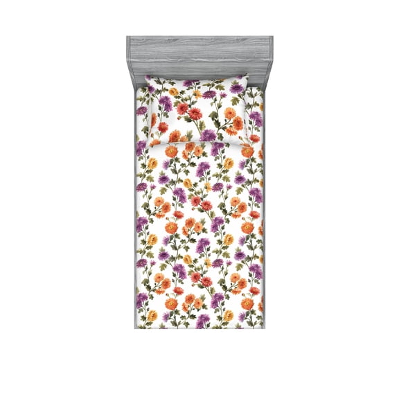 Tropical Fitted Sheet & Pillow Sham Set, Colorful Chrysanthemum Flowers Pattern Watercolor Plot on Plain Back, Decorative Printed 2 Piece Bedding Decor, Twin, Pale Fuchsia and Khaki, by Ambesonne