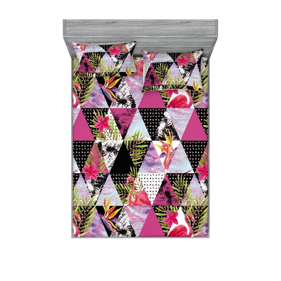Tropical Fitted Sheet & Pillow Sham Set, Contemporary Design Leafy Artwork with Flamingo in Triangles Print, Decorative Printed 3 Piece Bedding Decor, Full, Magenta Pistachio Green, by Ambesonne