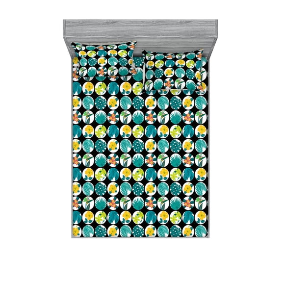 Tropical Fitted Sheet & Pillow Sham Set, Continuous Flowers and Leaves in Circular Shapes Modern Jungle Pattern, Decorative Printed 3 Piece Bedding Decor, Queen, Teal Mustard and Black, by Ambesonne