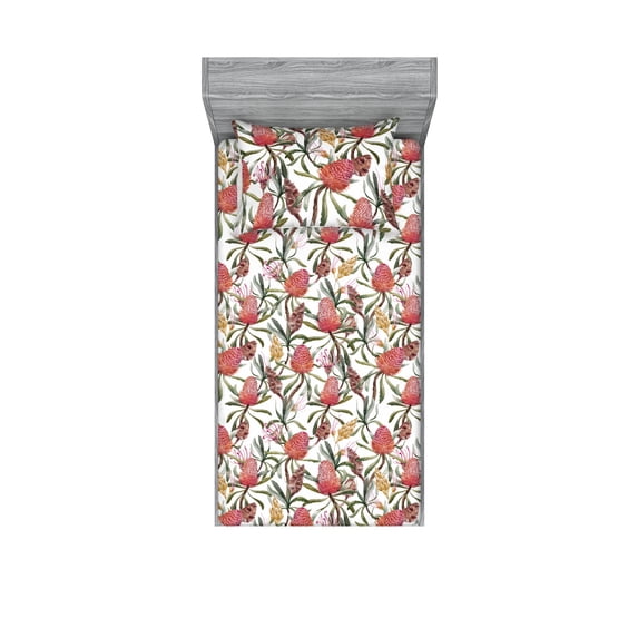 Tropical Fitted Sheet & Pillow Sham Set, Exotic Botanical Motifs with Leaves Watercolor Art on Plain Back, Decorative Printed 2 Piece Bedding Decor, Twin, Dark Salmon and Olive Green, by Ambesonne