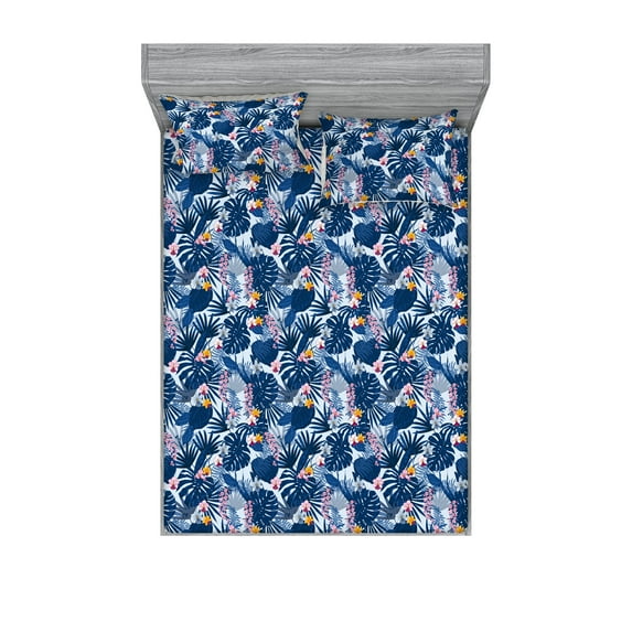 Tropical Fitted Sheet & Pillow Sham Set, Exotic Jungle Boho Design Monstera Leaves With Flowers Vintage Print, Decorative Printed 3 Piece Bedding Decor, King, Dark Lavender Pale Pink, by Ambesonne