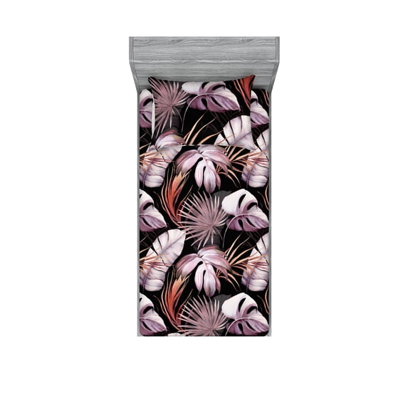 Tropical Fitted Sheet & Pillow Sham Set, Exotic Jungle Leaves on Black Background Watercolor Hawaiian Branches, Decorative Printed 2 Piece Bedding Decor, Twinxl, Plum Grey Pink Salmon, by Ambesonne