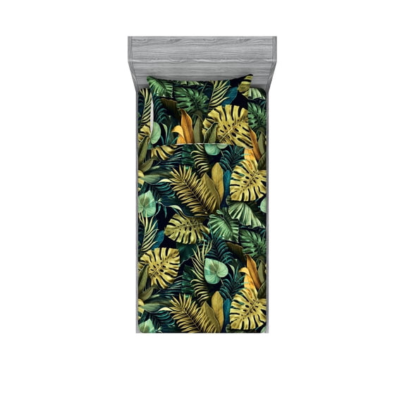 Tropical Fitted Sheet & Pillow Sham Set, Exotic Jungle Retro Effect Botanical Monstera Palm and Banana Leaves, Decorative Printed 2 Piece Bedding Decor, Twin, Dark Teal Olive Green, by Ambesonne