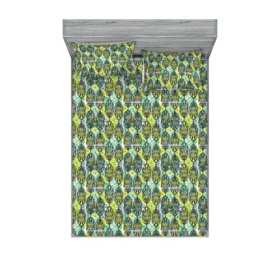 Tropical Fitted Sheet & Pillow Sham Set, Exotic Leaves of the Jungle Tropical Blooming Forest Repetition, Decorative Printed 3 Piece Bedding Decor, Queen, Turquoise and Lime Green, by Ambesonne