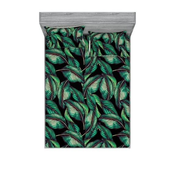 Tropical Fitted Sheet & Pillow Sham Set, Exotic Leaves Watercolor Pattern Ornament on Monochrome Backdrop, Decorative Printed 3 Piece Bedding Decor, Calking, Reseda Green and Pale Khaki, by Ambesonne