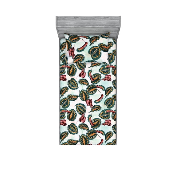 Tropical Fitted Sheet & Pillow Sham Set, Exotic VIntage Vibe Maranta Leaves Illustration Print Artwork, Decorative Printed 2 Piece Bedding Decor, Twinxl, Teal Mint Green and Raspberry, by Ambesonne