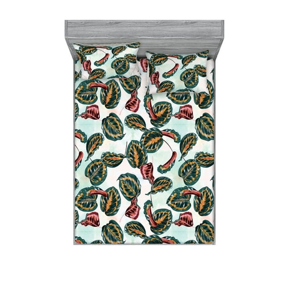 Tropical Fitted Sheet & Pillow Sham Set, Exotic VIntage Vibe Maranta Leaves Illustration Print Artwork, Decorative Printed 3 Piece Bedding Decor, Full, Teal Mint Green and Raspberry, by Ambesonne