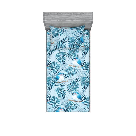 Tropical Fitted Sheet & Pillow Sham Set, Exotics Themed Leafy Pattern with Birds and Nature Pattern Neutral Art, Decorative Printed 2 Piece Bedding Decor, Twinxl, Deep Sky Blue Sea Blue, by Ambesonne