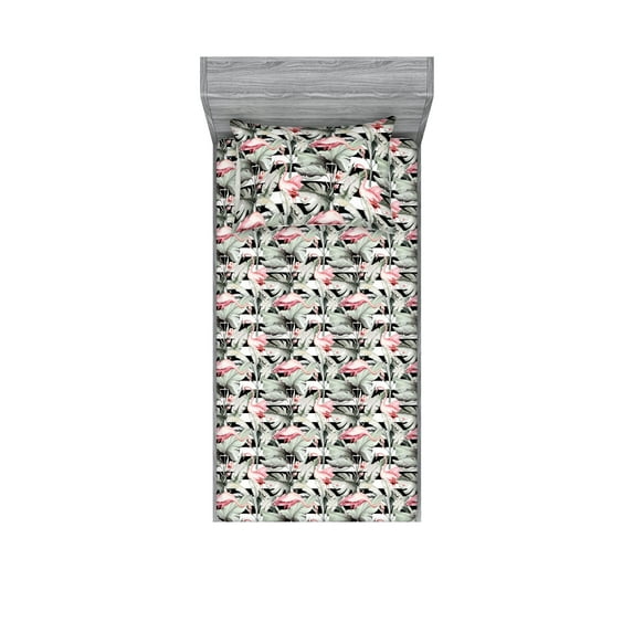 Tropical Fitted Sheet & Pillow Sham Set, Flamingo and Exotic Leaves Summer Watercolor Art on Striped Backdrop, Decorative Printed 2 Piece Bedding Decor, Twin, Pink and Sage Green, by Ambesonne