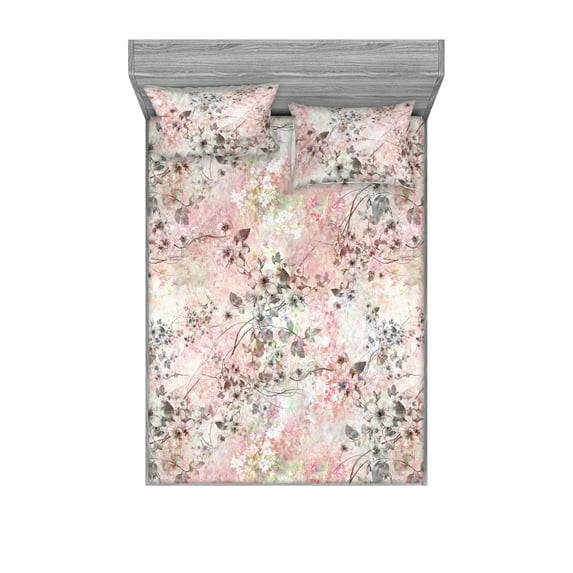 Tropical Fitted Sheet & Pillow Sham Set, Flowers and Leaves Pattern Watercolor Painting Grunge Illustration, Decorative Printed 3 Piece Bedding Decor, Full, Dark Warm Taupe and Pink, by Ambesonne