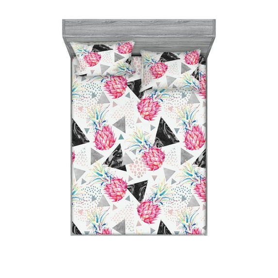 Tropical Fitted Sheet & Pillow Sham Set, Geometric Watercolor Triangles Pineapples Dots on Plain Back Art, Decorative Printed 3 Piece Bedding Decor, King, Charcoal Grey and Hot Pink, by Ambesonne