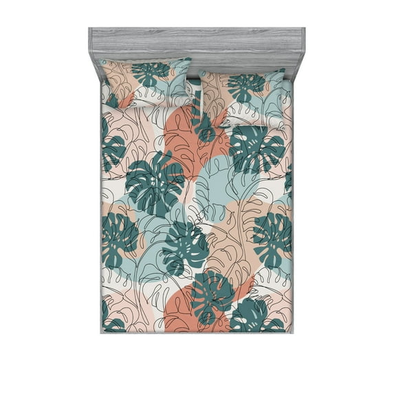 Tropical Fitted Sheet & Pillow Sham Set, Hand-Drawn Palm Leaves Silhouettes Abstract Geometric Line Art, Decorative Printed 3 Piece Bedding Decor, King, Dark Cadet Blue and Almond, by Ambesonne