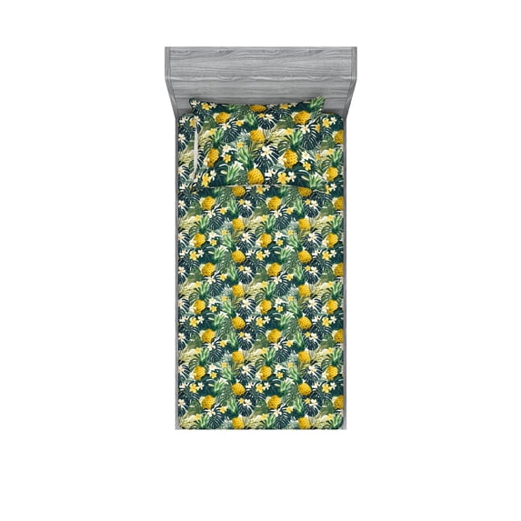 Tropical Fitted Sheet & Pillow Sham Set, Jungle Boho Wild Nature Pineapple With Leaves Greenery Pattern, Decorative Printed 2 Piece Bedding Decor, Twin, Reseda Green and Hunter Green, by Ambesonne