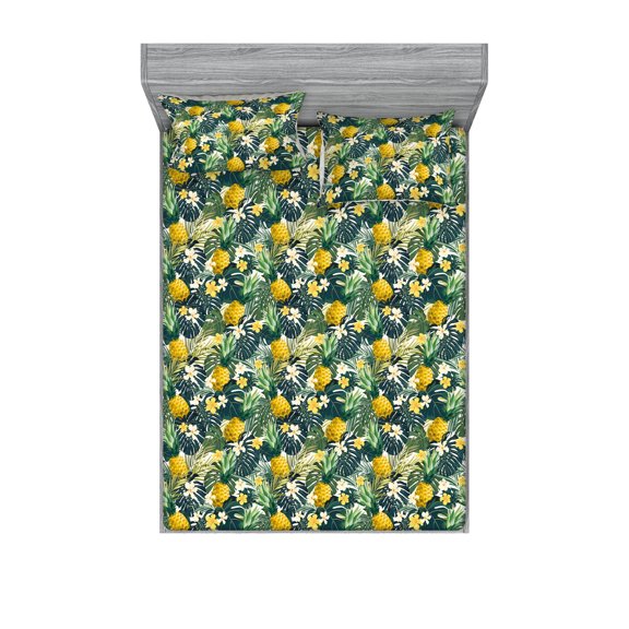 Tropical Fitted Sheet & Pillow Sham Set, Jungle Boho Wild Nature Pineapple With Leaves Greenery Pattern, Decorative Printed 3 Piece Bedding Decor, Full, Reseda Green and Hunter Green, by Ambesonne