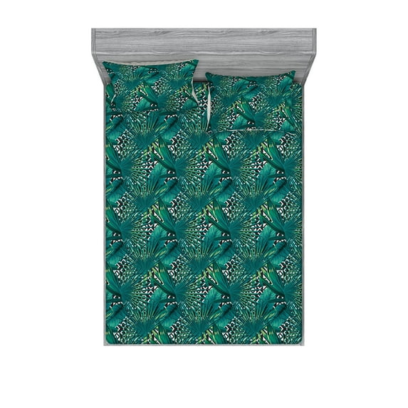 Tropical Fitted Sheet & Pillow Sham Set, Jungle Vibe Exotic Leaves Pattern on Geometric Monochrome Backdrop, Decorative Printed 3 Piece Bedding Decor, Full, Black White and Fern Green, by Ambesonne