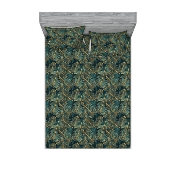 Tropical Fitted Sheet & Pillow Sham Set, Jungle Vibe Minimalist Drawn Digital Exotic Leaf Pattern on Dark Back, Decorative Printed 3 Piece Bedding Decor, Full, Amber and Laurel Green, by Ambesonne
