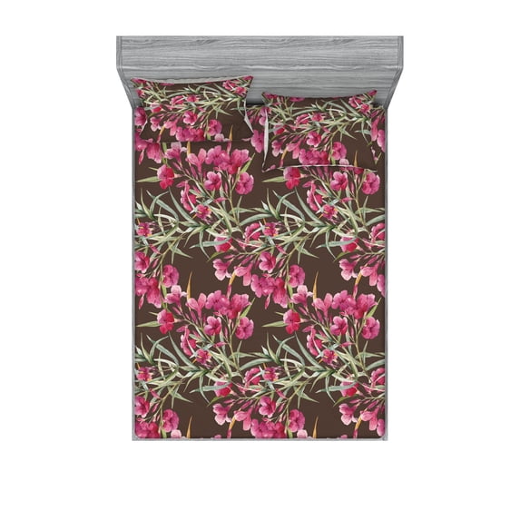 Tropical Fitted Sheet & Pillow Sham Set, Leaves with Pinkish Flowers Watercolor Style Vintage Ornament, Decorative Printed 3 Piece Bedding Decor, Calking, Mauve Taupe and Olive Green, by Ambesonne