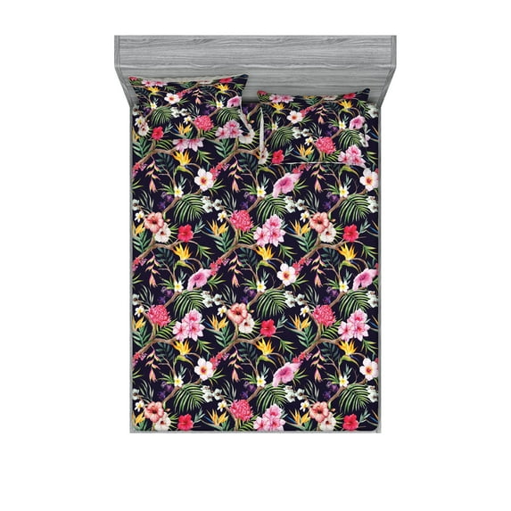 Tropical Fitted Sheet & Pillow Sham Set, Minimalistic Style Exotic Leaves Hibiscus Flowers Plumerias Branches Art, Decorative Printed 3 Piece Bedding Decor, Full, Mustard Reseda Green, by Ambesonne