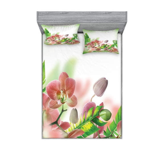 Tropical Fitted Sheet & Pillow Sham Set, Tropical Orchids Branch Stem Petal Leaf Bud Spring Blooming Flowers Print, Decorative Printed 6 Piece Bedding Decor Set, Calking, Peach and Green, by Ambesonne