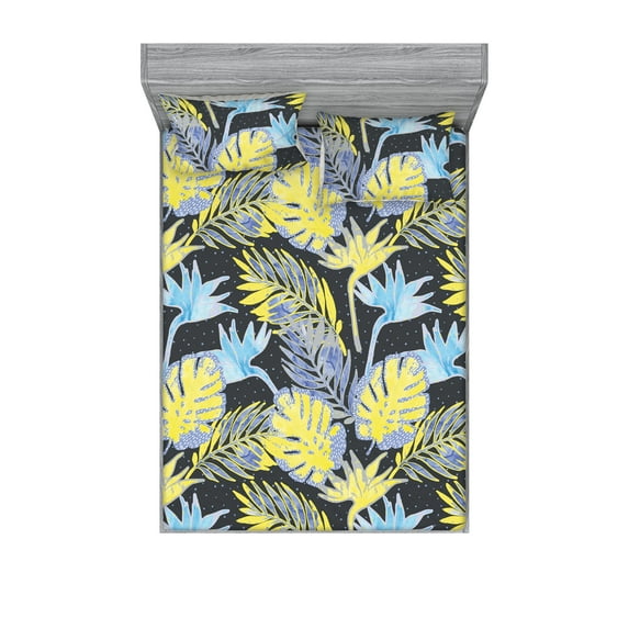 Tropical Fitted Sheet & Pillow Sham Set, Pop Art Inspirations Exotic Palm Leaf Silhouettes Retro Wave Colors, Decorative Printed 3 Piece Bedding Decor, Calking, Avocado Green Ceil Blue, by Ambesonne