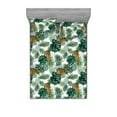 thumbnail image 1 of Tropical Fitted Sheet & Pillow Sham Set, Repetitive Exotic Leaves with Jaguars Cartoon Art on Plain Back, Decorative Printed 3 Piece Bedding Decor, Full, Dark Green and Pale Coffee, by Ambesonne, 1 of 1