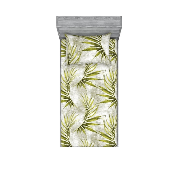 Tropical Fitted Sheet & Pillow Sham Set, Repetitive Exotic Palm Leaves Pattern Grungy Watercolor Illustration, Decorative Printed 2 Piece Bedding Decor, Twin, Yellow Green Pale Grey, by Ambesonne
