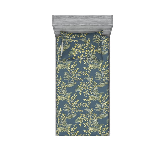 Tropical Fitted Sheet & Pillow Sham Set, Repetitive Mimosa Flowers Pattern Minimalist Silhouette Illustrations, Decorative Printed 2 Piece Bedding Decor, Twin, Pale Olive Green Blue, by Ambesonne