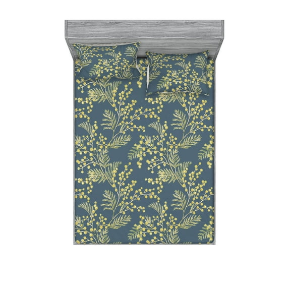 Tropical Fitted Sheet & Pillow Sham Set, Repetitive Mimosa Flowers Pattern Minimalist Silhouette Illustrations, Decorative Printed 3 Piece Bedding Decor, King, Pale Olive Green Blue, by Ambesonne