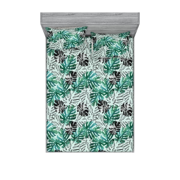 Tropical Fitted Sheet & Pillow Sham Set, Repetitive Pattern of Hand-Drawn Monstera Leaves Abstract Silhouette, Decorative Printed 3 Piece Bedding Decor, King, Pale Petrol Blue Grey, by Ambesonne