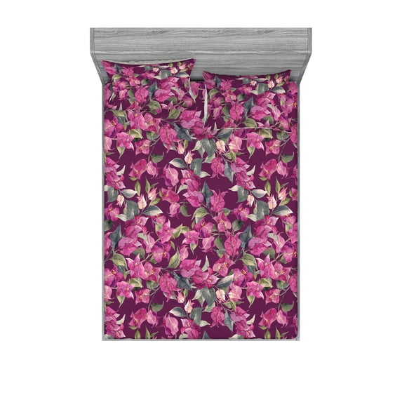 Tropical Fitted Sheet & Pillow Sham Set, Retro Flowers and Leaves Watercolor Illustration in Vintage Style, Decorative Printed 3 Piece Bedding Decor, Queen, Purple Dark Tan and Pink, by Ambesonne