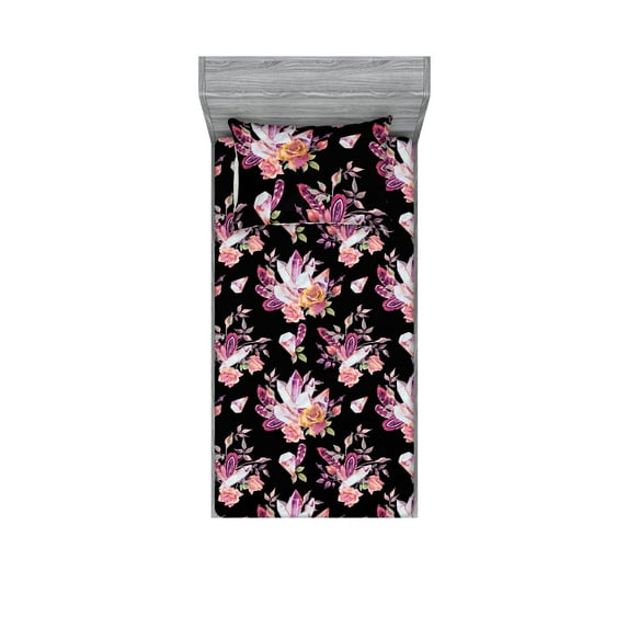Tropical Fitted Sheet & Pillow Sham Set, Retro Watercolor Crystal Gems Diamonds Roses Leaves Feathers Pattern, Decorative Printed 2 Piece Bedding Decor, Twinxl, Dark Magenta and Khaki, by Ambesonne